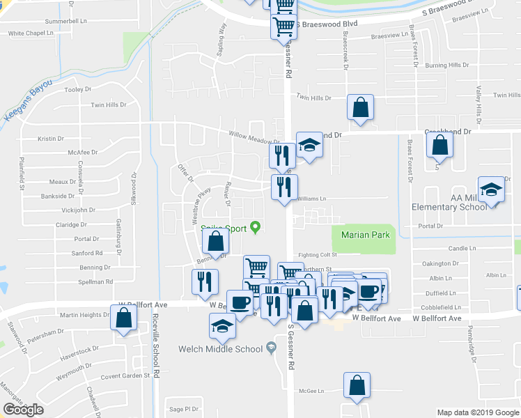 map of restaurants, bars, coffee shops, grocery stores, and more near 10930 Westbrae Meadows Drive in Houston