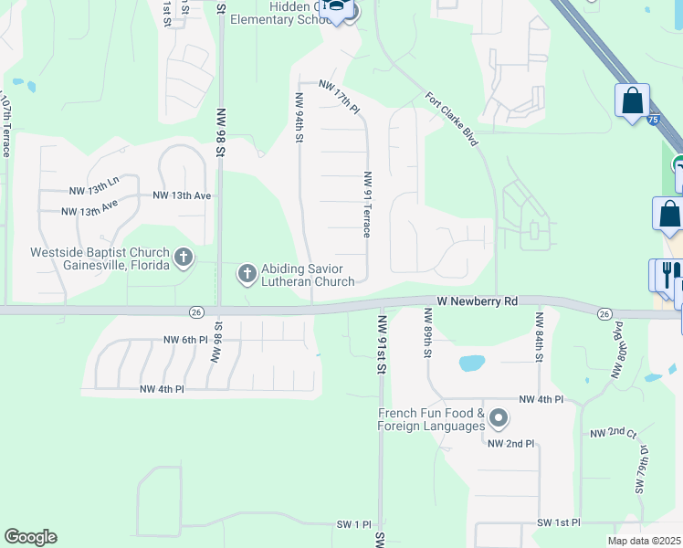 map of restaurants, bars, coffee shops, grocery stores, and more near 9315 Northwest 9 Avenue in Gainesville
