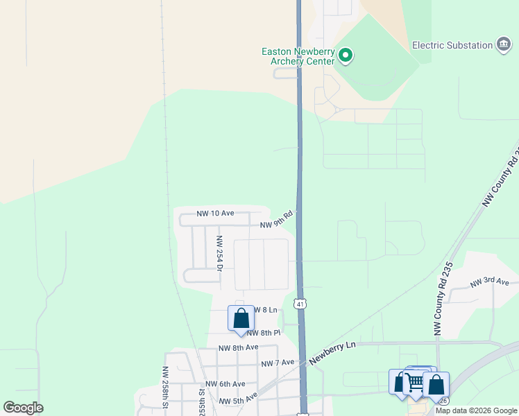 map of restaurants, bars, coffee shops, grocery stores, and more near 25224 Northwest 10th Avenue in Newberry