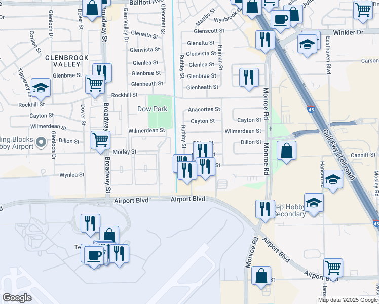 map of restaurants, bars, coffee shops, grocery stores, and more near 8107 Morley Street in Houston