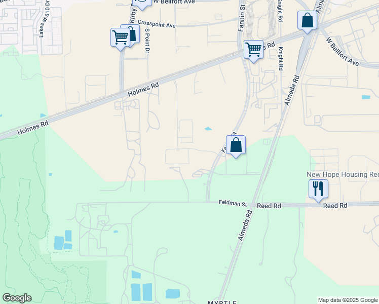 map of restaurants, bars, coffee shops, grocery stores, and more near Unnamed Road in Houston