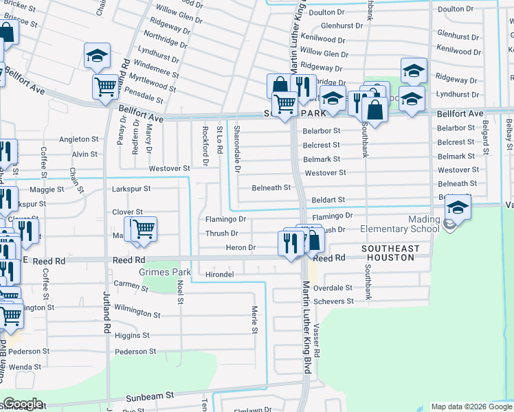map of restaurants, bars, coffee shops, grocery stores, and more near 5535 Flamingo Drive in Houston
