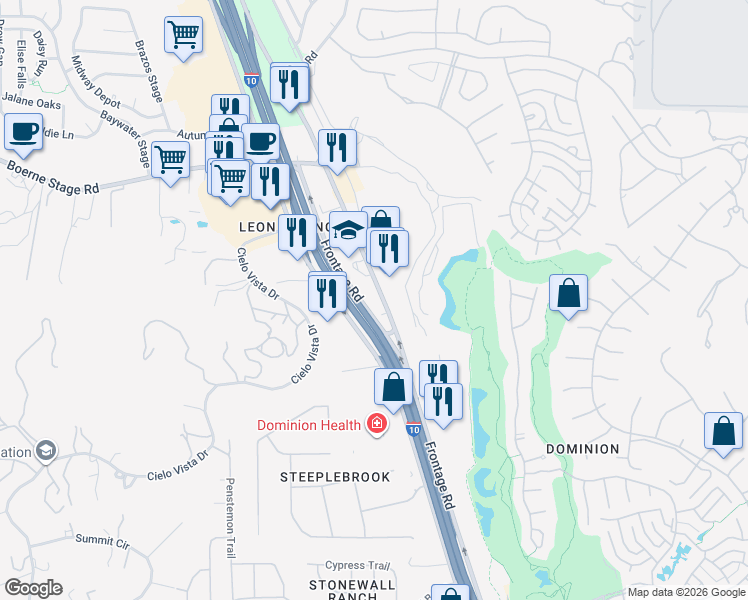map of restaurants, bars, coffee shops, grocery stores, and more near 23651 Interstate 10 Frontage Road in San Antonio