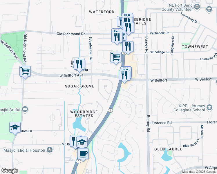 map of restaurants, bars, coffee shops, grocery stores, and more near 15123 Snow Hill Court in Sugar Land