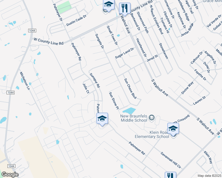map of restaurants, bars, coffee shops, grocery stores, and more near 2234 Sun Stone Place in New Braunfels