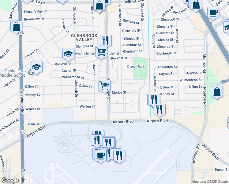 map of restaurants, bars, coffee shops, grocery stores, and more near 7933 Morley Street in Houston