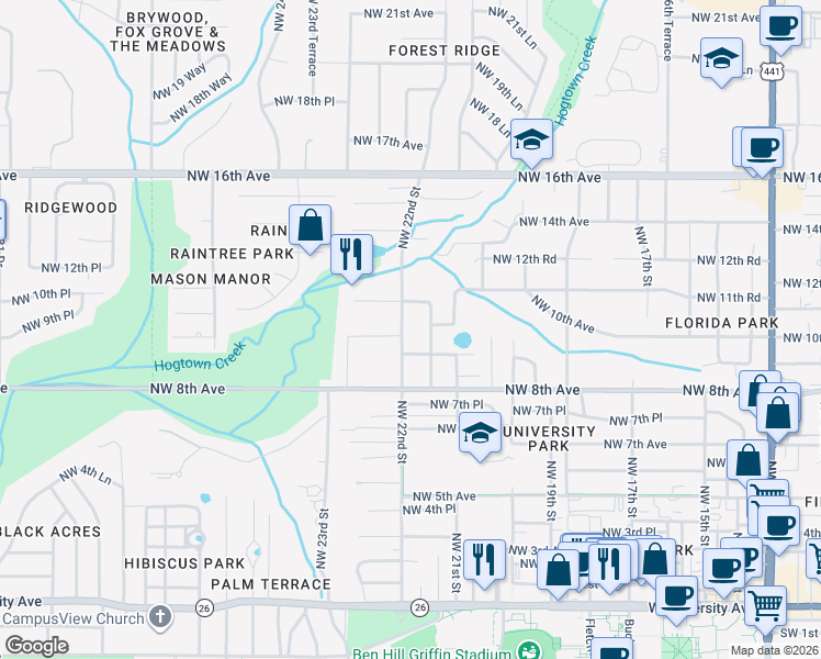map of restaurants, bars, coffee shops, grocery stores, and more near 2136 Northwest 9th Avenue in Gainesville