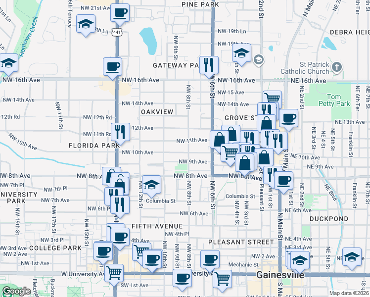 map of restaurants, bars, coffee shops, grocery stores, and more near 811 Northwest 10th Avenue in Gainesville