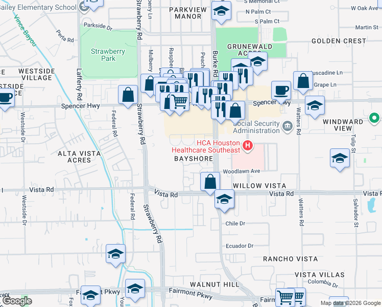 map of restaurants, bars, coffee shops, grocery stores, and more near 3400 Burke Road in Pasadena