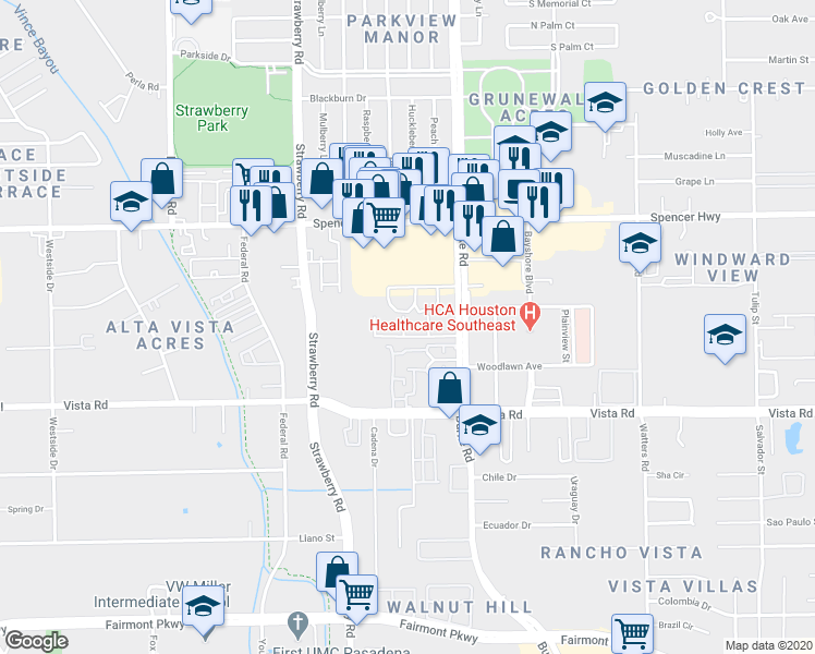 map of restaurants, bars, coffee shops, grocery stores, and more near 3400 Burke Road in Pasadena
