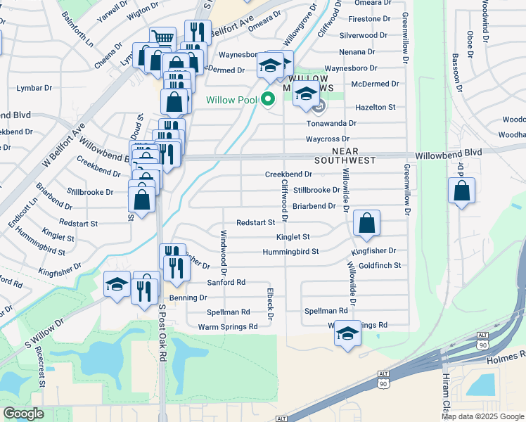 map of restaurants, bars, coffee shops, grocery stores, and more near 4710 Redstart Street in Houston