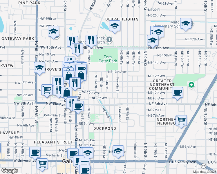 map of restaurants, bars, coffee shops, grocery stores, and more near 512 Northeast 10th Avenue in Gainesville
