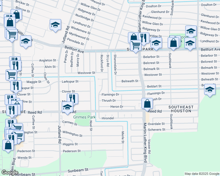 map of restaurants, bars, coffee shops, grocery stores, and more near 8307 Saint Lo Road in Houston