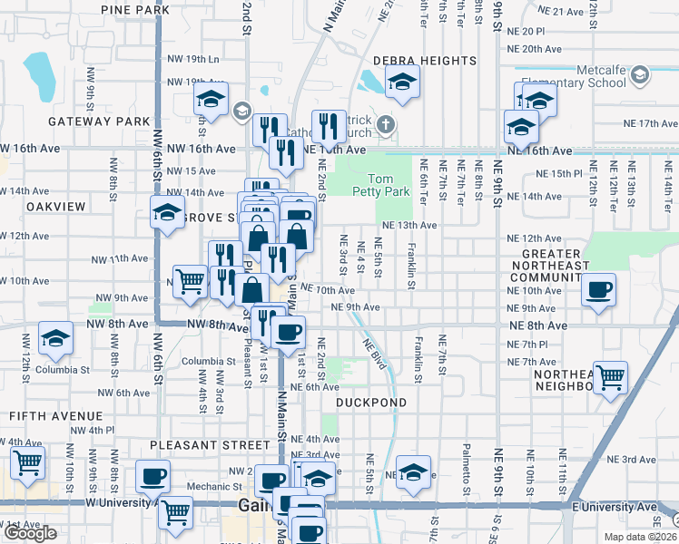 map of restaurants, bars, coffee shops, grocery stores, and more near 14 Northeast 3rd Street in Gainesville