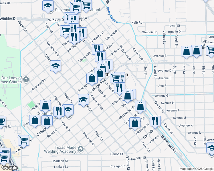 map of restaurants, bars, coffee shops, grocery stores, and more near 601 Illinois Street in South Houston