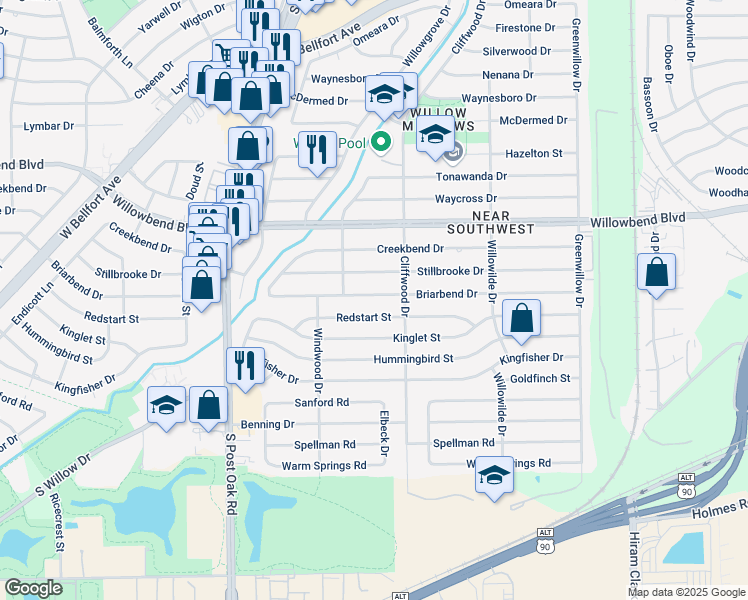 map of restaurants, bars, coffee shops, grocery stores, and more near 4710 Redstart Street in Houston