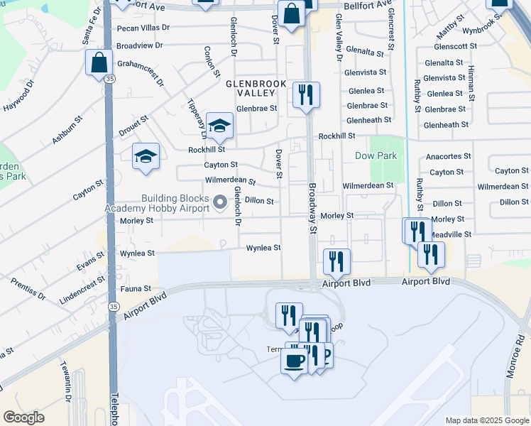 map of restaurants, bars, coffee shops, grocery stores, and more near 7722 Morley Street in Houston