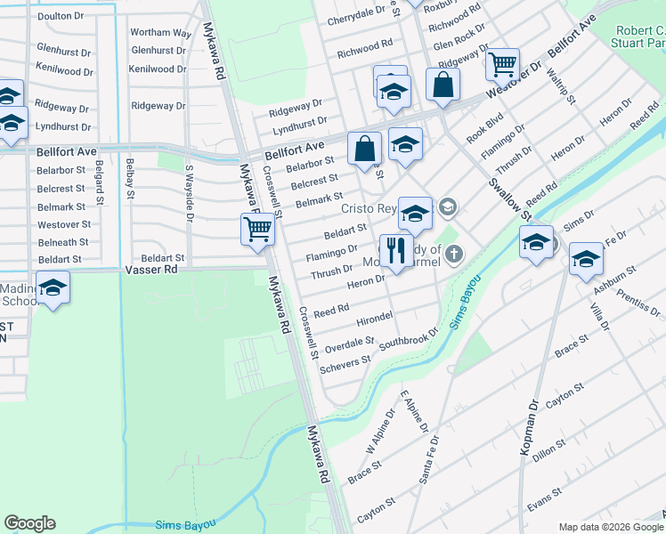 map of restaurants, bars, coffee shops, grocery stores, and more near 6302 Thrush Drive in Houston