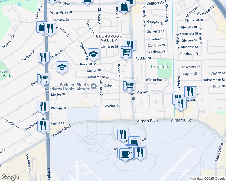 map of restaurants, bars, coffee shops, grocery stores, and more near 7722 Morley Street in Houston