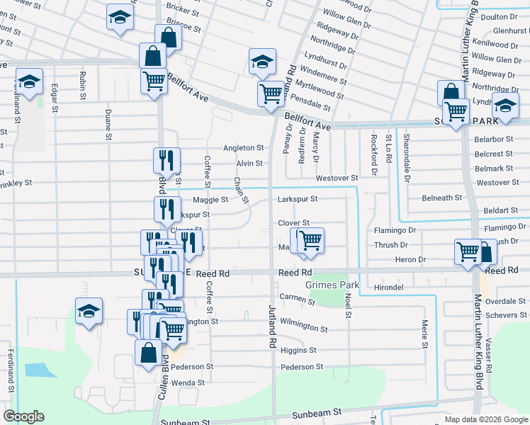 map of restaurants, bars, coffee shops, grocery stores, and more near 5002 Clover Street in Houston
