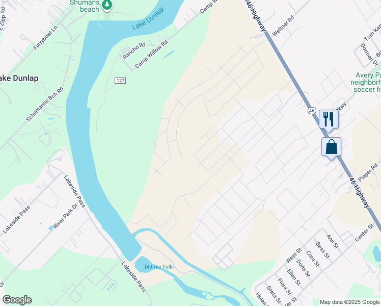 map of restaurants, bars, coffee shops, grocery stores, and more near 382 Grove Lane in New Braunfels