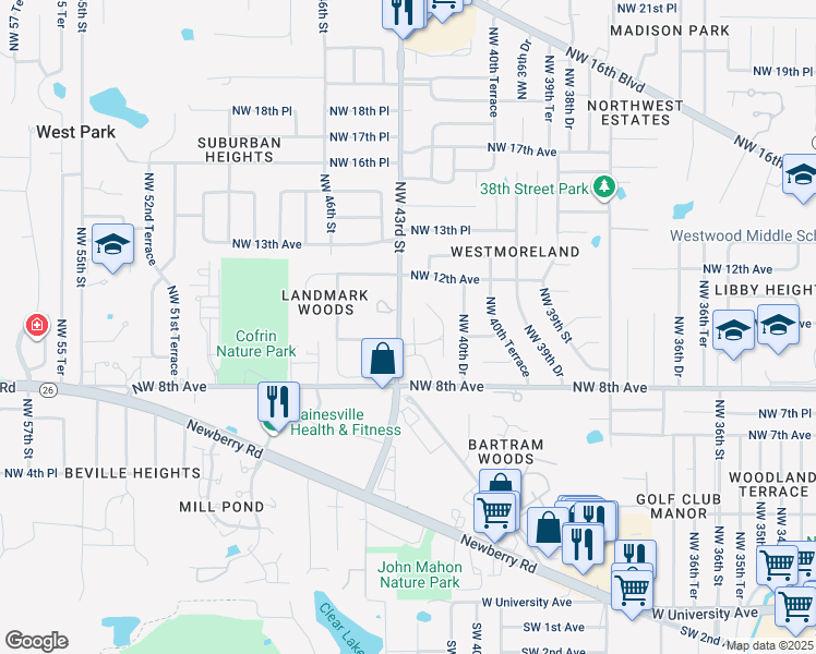 map of restaurants, bars, coffee shops, grocery stores, and more near in Gainesville