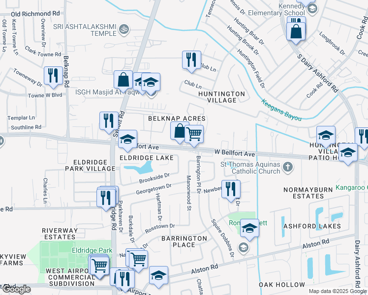 map of restaurants, bars, coffee shops, grocery stores, and more near 13093 West Bellfort Street in Houston