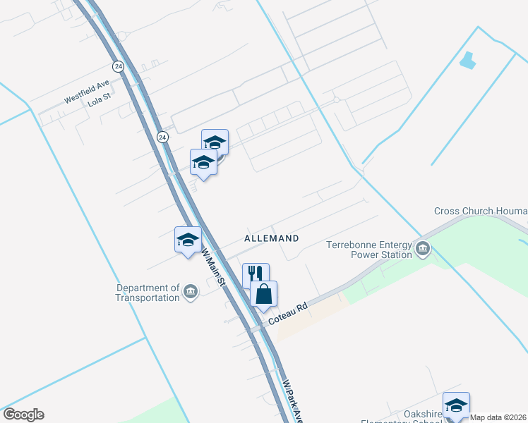 map of restaurants, bars, coffee shops, grocery stores, and more near 107-199 Darlene Street in Houma