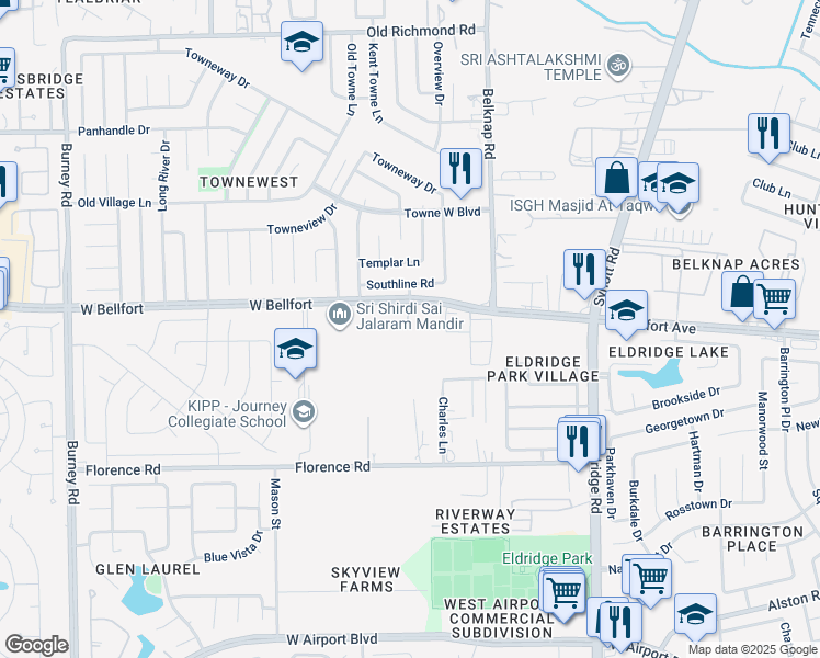 map of restaurants, bars, coffee shops, grocery stores, and more near 14405 West Bellfort Street in Sugar Land
