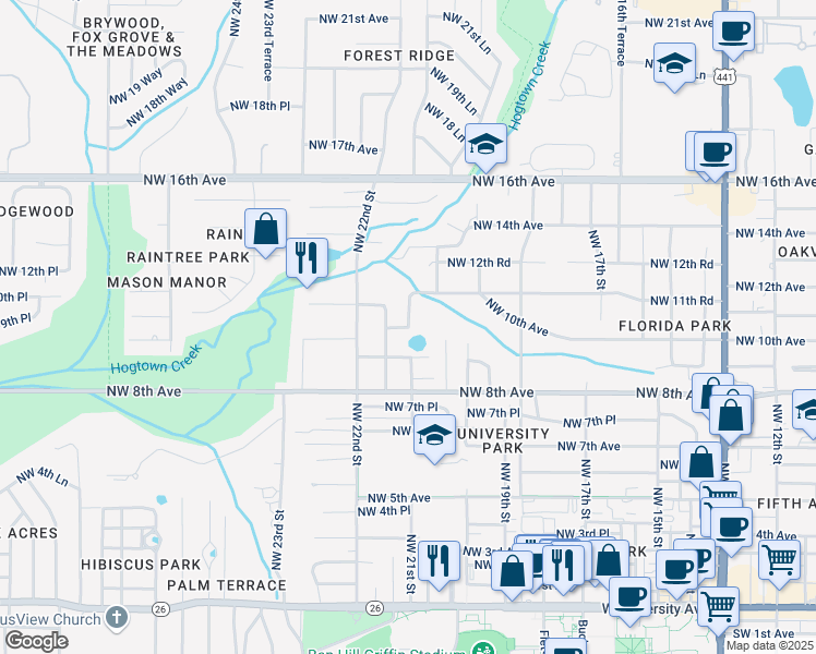 map of restaurants, bars, coffee shops, grocery stores, and more near 1001 Northwest 21st Street in Gainesville