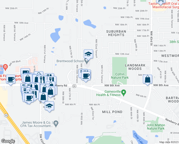 map of restaurants, bars, coffee shops, grocery stores, and more near 5332 Northwest 9 Lane in Gainesville
