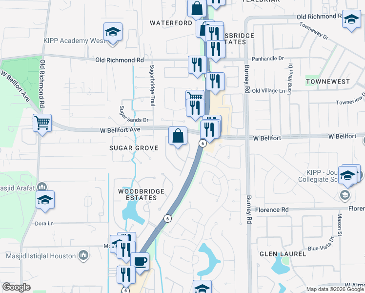 map of restaurants, bars, coffee shops, grocery stores, and more near 15123 Snow Hill Court in Sugar Land