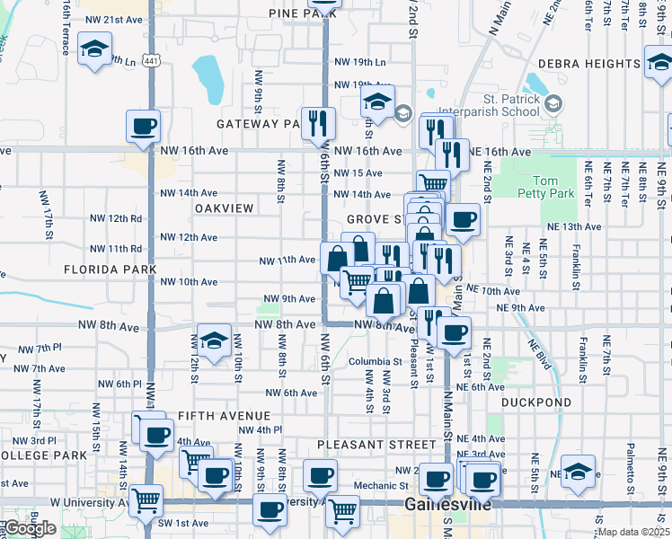 map of restaurants, bars, coffee shops, grocery stores, and more near 519 Northwest 10th Avenue in Gainesville