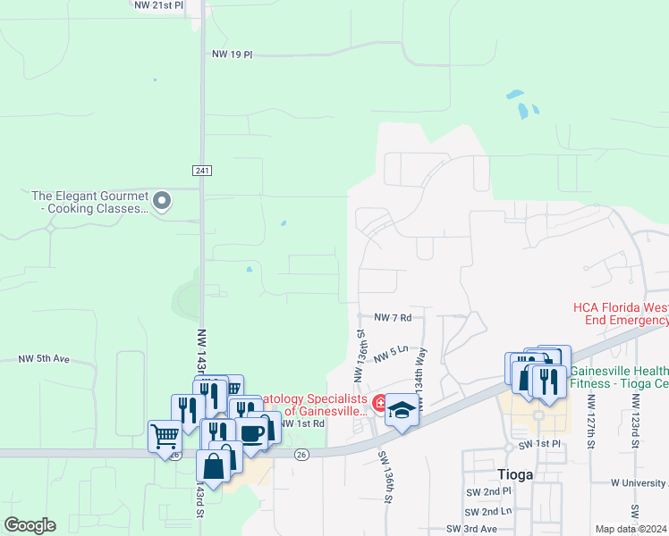 map of restaurants, bars, coffee shops, grocery stores, and more near 13668 Northwest 9th Road in Newberry