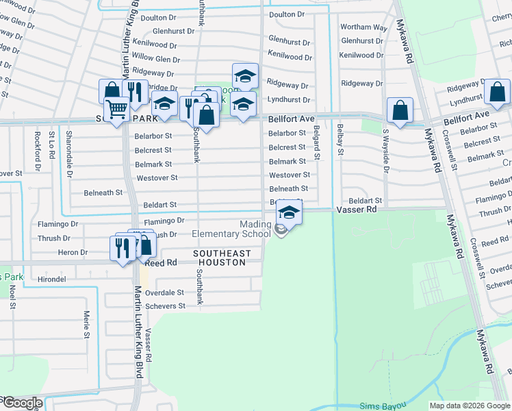 map of restaurants, bars, coffee shops, grocery stores, and more near 5859 Flamingo Drive in Houston