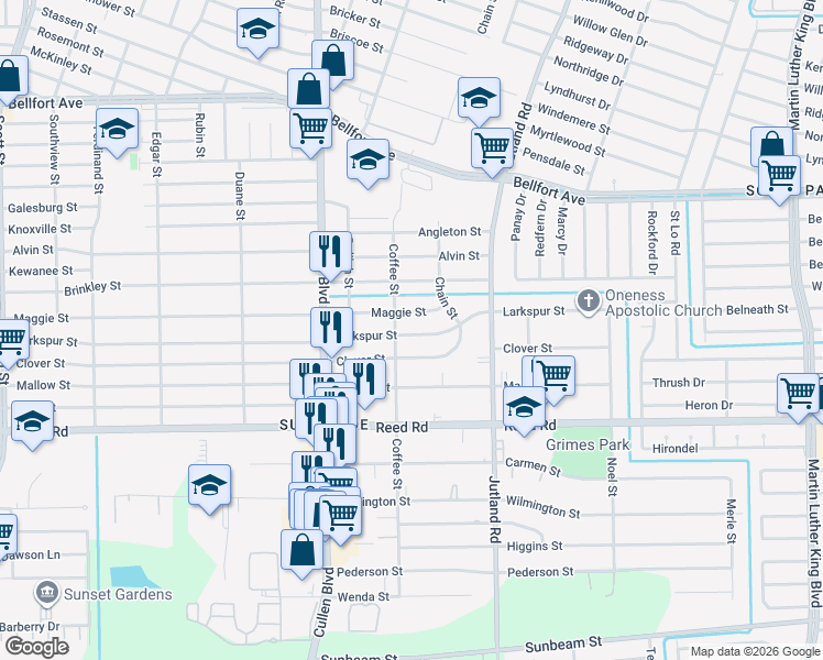 map of restaurants, bars, coffee shops, grocery stores, and more near 4813 Clover Street in Houston