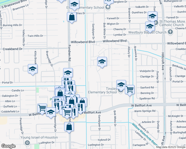 map of restaurants, bars, coffee shops, grocery stores, and more near 6425 Bankside Drive in Houston