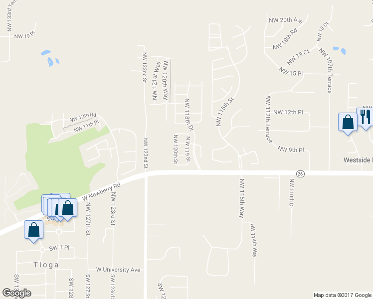 map of restaurants, bars, coffee shops, grocery stores, and more near North West 119 Street in Gainesville