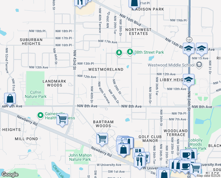 map of restaurants, bars, coffee shops, grocery stores, and more near 925 Northwest 40th Terrace in Gainesville
