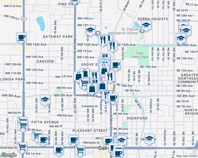 map of restaurants, bars, coffee shops, grocery stores, and more near 231 Northwest 10th Avenue in Gainesville
