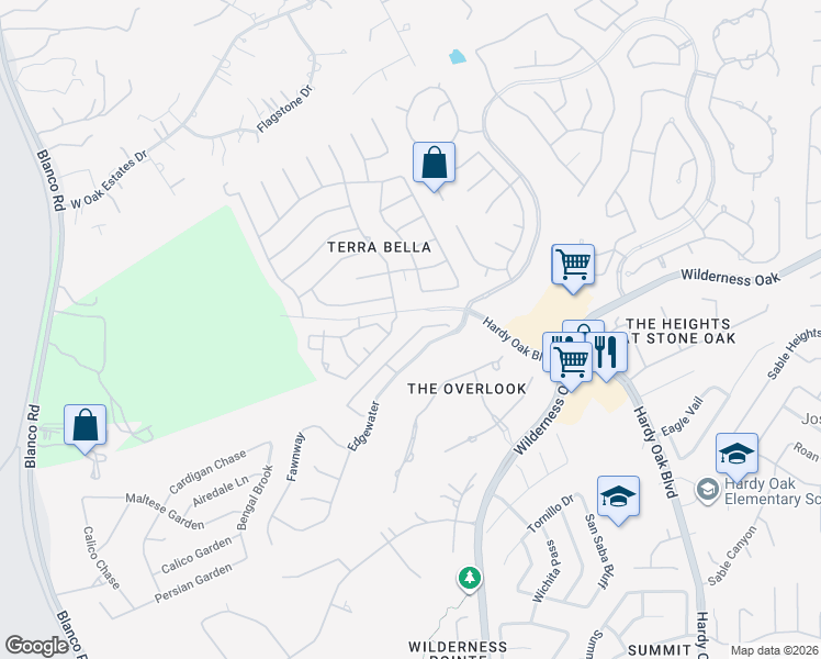 map of restaurants, bars, coffee shops, grocery stores, and more near 23018 Osprey Ridge in San Antonio