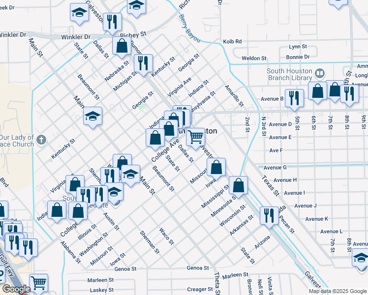 map of restaurants, bars, coffee shops, grocery stores, and more near 515 Illinois Street in South Houston