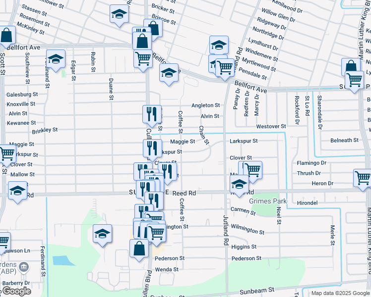 map of restaurants, bars, coffee shops, grocery stores, and more near 4813 Maggie Street in Houston