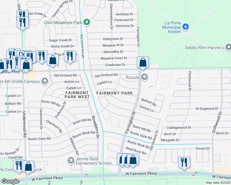 map of restaurants, bars, coffee shops, grocery stores, and more near 10235 Belfast Road in La Porte