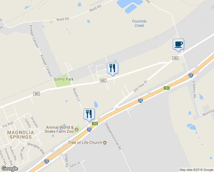 map of restaurants, bars, coffee shops, grocery stores, and more near 5043 Farm to Market Road 482 in New Braunfels