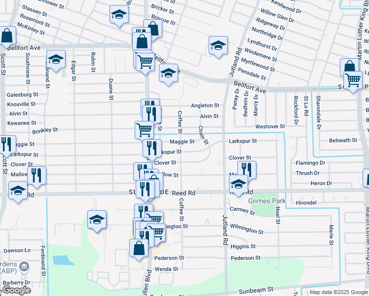 map of restaurants, bars, coffee shops, grocery stores, and more near 4813 Maggie Street in Houston