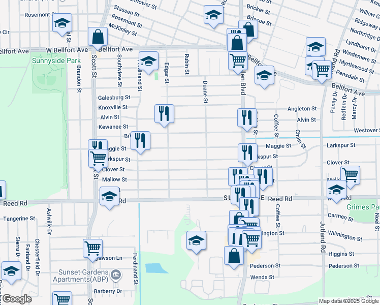 map of restaurants, bars, coffee shops, grocery stores, and more near 4521 Maggie Street in Houston