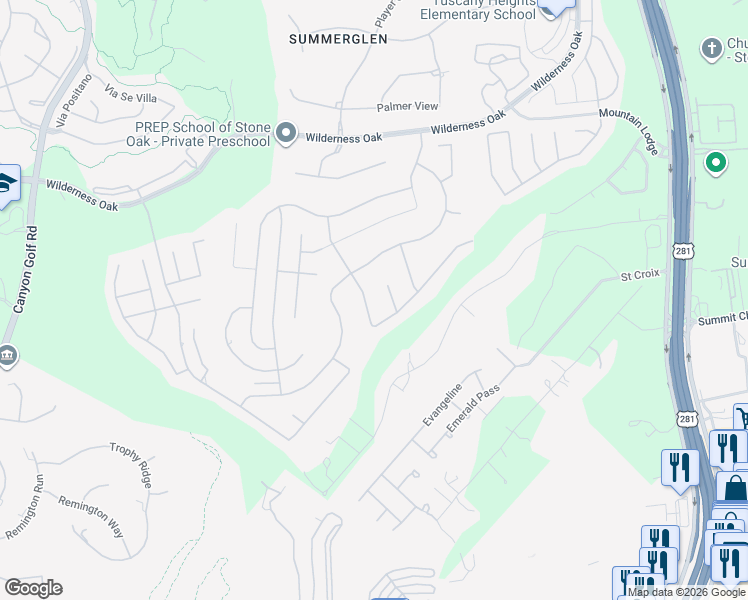 map of restaurants, bars, coffee shops, grocery stores, and more near 23727 Morning Fog in San Antonio