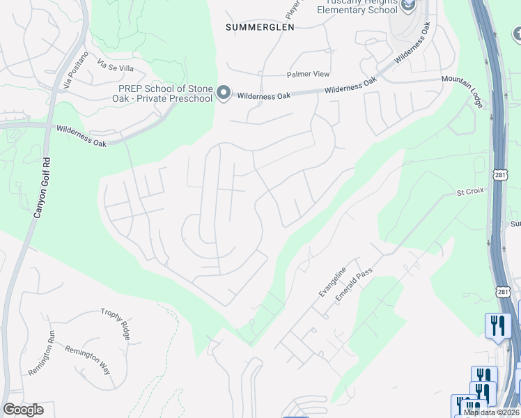 map of restaurants, bars, coffee shops, grocery stores, and more near 23719 Alpine Ridge in San Antonio