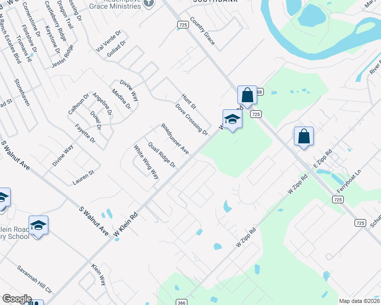 map of restaurants, bars, coffee shops, grocery stores, and more near 110 Roadrunner Avenue in New Braunfels